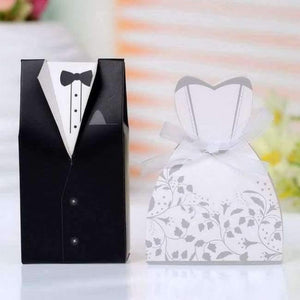 Planet Gates Festive & Party Supplies Gray New  Bridal Gift Cases Groom Tuxedo Dress Gown Ribbon Wedding Favor Candy Box 100pcs