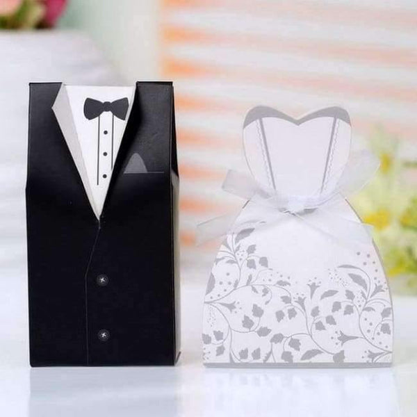 Planet Gates Festive & Party Supplies Gray New  Bridal Gift Cases Groom Tuxedo Dress Gown Ribbon Wedding Favor Candy Box 100pcs