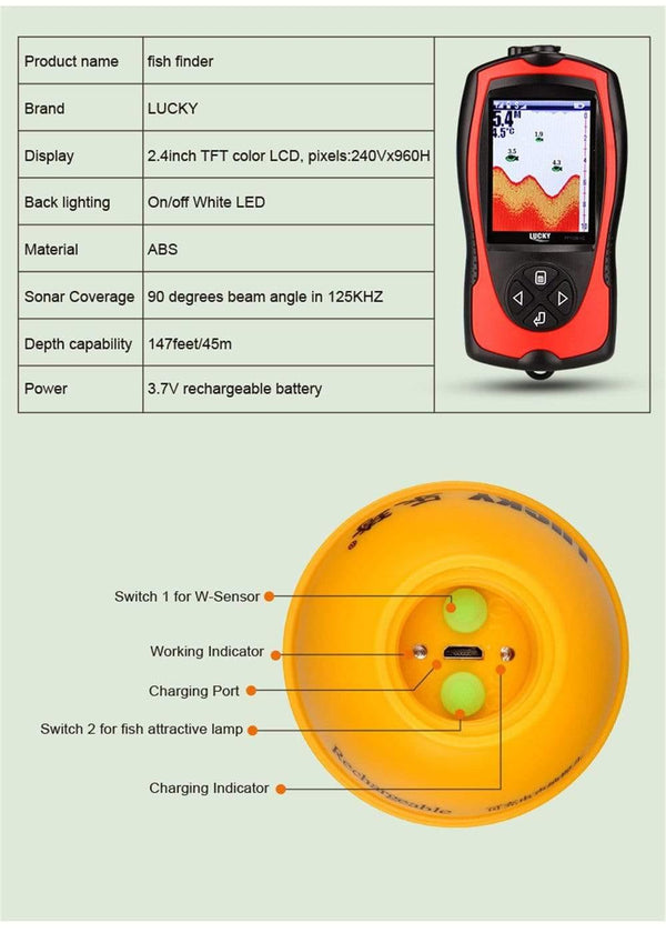 Planet Gates FF1108-1CWLA Wireless Sonar Fish Finder Transducer ICE/Ocean/Boat Fish Finder Alarm Fish Finder Sonar Sensor Fish