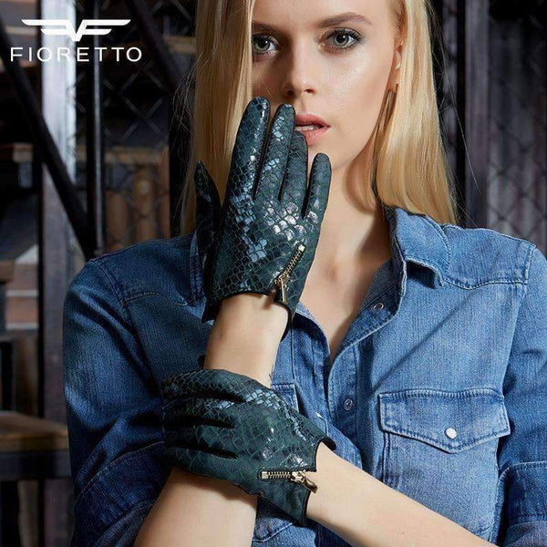 Planet Gates Fioretto Women Fashion Snake Leather Gloves Punk Ladies Driving Gloves Metal Zipper Black Leopard Embossed Winter Warm Mittens