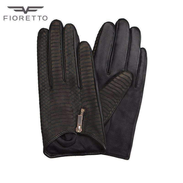 Planet Gates Fioretto Women Fashion Snake Leather Gloves Punk Ladies Driving Gloves Metal Zipper Black Leopard Embossed Winter Warm Mittens