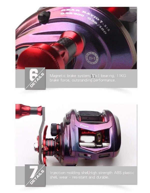 Planet Gates Fishing Reel Bait casting Reel Magnetic Brake Bearing 11+1 Carbon Handle Metal Knob Rainbow Color Body Max Drag 11KG