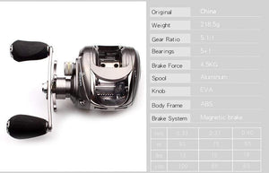 Planet Gates Fishing Reel Casting Reel Gear Ratio 5.1 :1 Aluminum Spool Magnetic Brake Bearing 5+1 EVA Knob 218g Max Drag 4.5KG