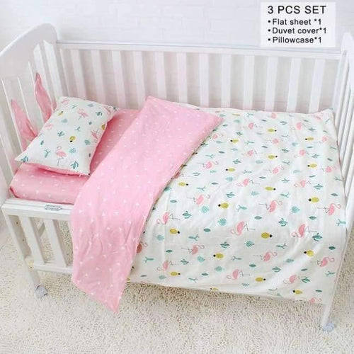 Planet Gates Flamingo 3 Pcs Set Baby Bedding Set Pure Cotton Flamingo Grey Cloud Pattern Crib Kit Including Pillowcase Duvet Cover Cot Flat Sheet