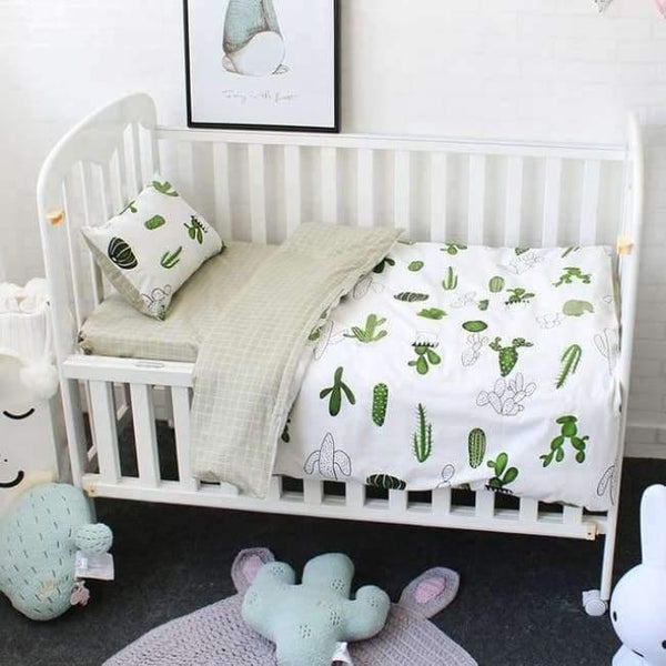 Planet Gates FlamingoLeaves 3Pcs Baby Bedding Set Pure Cotton Cartoon Pattern Crib Bed Linen Kit Include Pillowcase Flat Sheet Duvet Cover Without Filler