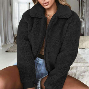 Planet Gates Fleece Jacket Women Autumn Long Sleeve Crop Top Faux Fur Coat Female Casual Bomber Jacket Winter Ladies Coat