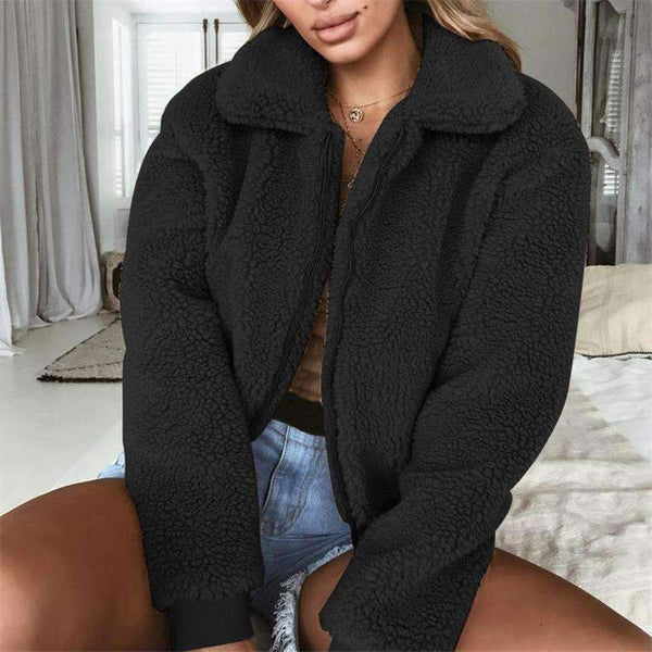 Planet Gates Fleece Jacket Women Autumn Long Sleeve Crop Top Faux Fur Coat Female Casual Bomber Jacket Winter Ladies Coat
