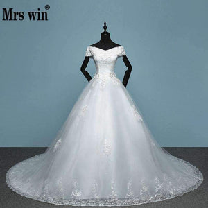 Planet Gates floor length / 4 / 100cm New Arrival Mrs Win Applicue Wedding Dress Lace Boat Neck Sweep Brush Train Bridal Gown lace Up Cap Sleeve Frock Dress