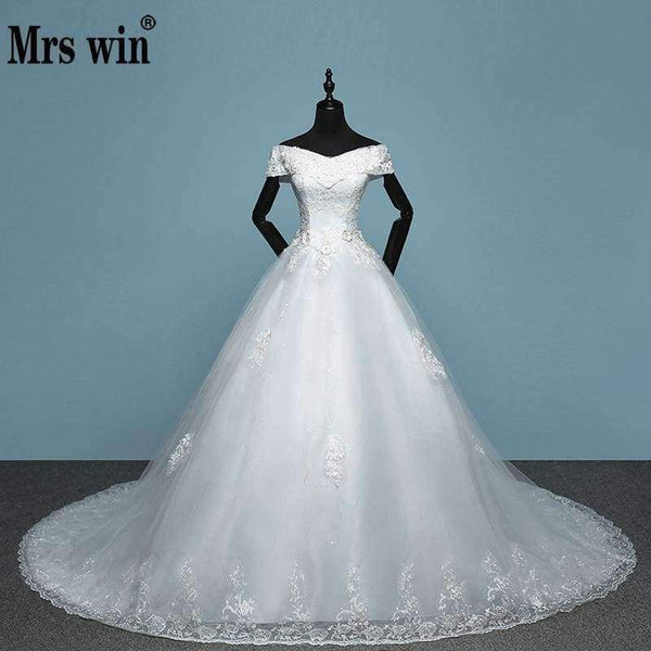Planet Gates floor length / 4 / 100cm New Arrival Mrs Win Applicue Wedding Dress Lace Boat Neck Sweep Brush Train Bridal Gown lace Up Cap Sleeve Frock Dress