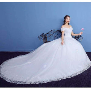 Planet Gates floor length / 4 / 100cm New Arrival Mrs Win Applicue Wedding Dress Lace Boat Neck Sweep Brush Train Bridal Gown lace Up Cap Sleeve Frock Dress