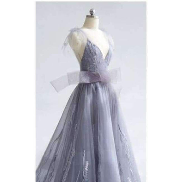 Planet Gates floor length grey / 2 Long Evening Dresses 2018 V-Neck A-line Sleeveless Backless Bride Dresses Formal Occasion Party Prom Dresses