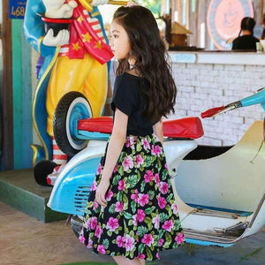 Planet Gates floral skirt / 4T Girls Summer Outfit  Teenage Girls Fashion two pieces Clothing Sets Black Tops + Floral Skirts Size 8 10 12 Girls Clothes