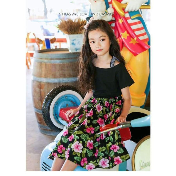 Planet Gates floral skirt / 4T Girls Summer Outfit  Teenage Girls Fashion two pieces Clothing Sets Black Tops + Floral Skirts Size 8 10 12 Girls Clothes