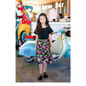 Planet Gates floral skirt / 4T Girls Summer Outfit  Teenage Girls Fashion two pieces Clothing Sets Black Tops + Floral Skirts Size 8 10 12 Girls Clothes