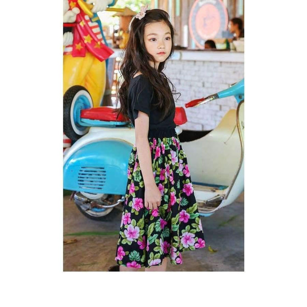 Planet Gates floral skirt / 4T Girls Summer Outfit  Teenage Girls Fashion two pieces Clothing Sets Black Tops + Floral Skirts Size 8 10 12 Girls Clothes