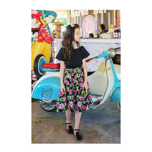 Planet Gates floral skirt / 4T Girls Summer Outfit  Teenage Girls Fashion two pieces Clothing Sets Black Tops + Floral Skirts Size 8 10 12 Girls Clothes