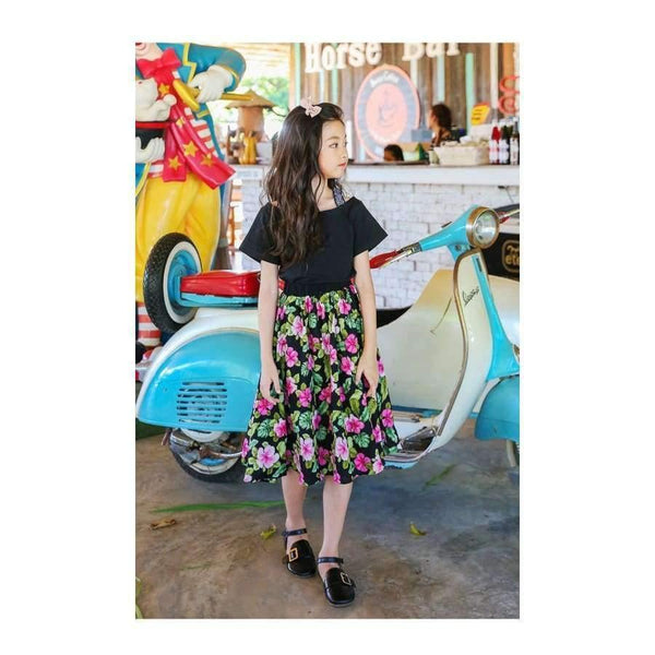 Planet Gates floral skirt / 4T Girls Summer Outfit  Teenage Girls Fashion two pieces Clothing Sets Black Tops + Floral Skirts Size 8 10 12 Girls Clothes