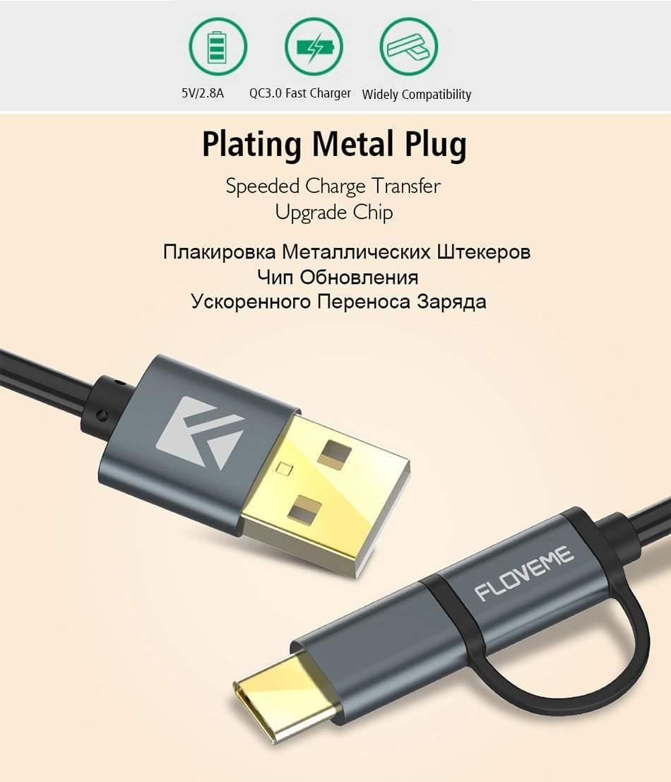 Planet Gates FLOVEME 2 in 1 Micro USB Cable Type C QC 3.0 USB-C Cable Fast Charger For Samsung Galaxy S8 Xiaomi 4X Android Mobile Phone Cabo