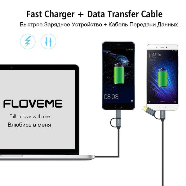 Planet Gates FLOVEME 2 in 1 Micro USB Cable Type C QC 3.0 USB-C Cable Fast Charger For Samsung Galaxy S8 Xiaomi 4X Android Mobile Phone Cabo