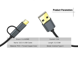 Planet Gates FLOVEME 2 in 1 Micro USB Cable Type C QC 3.0 USB-C Cable Fast Charger For Samsung Galaxy S8 Xiaomi 4X Android Mobile Phone Cabo