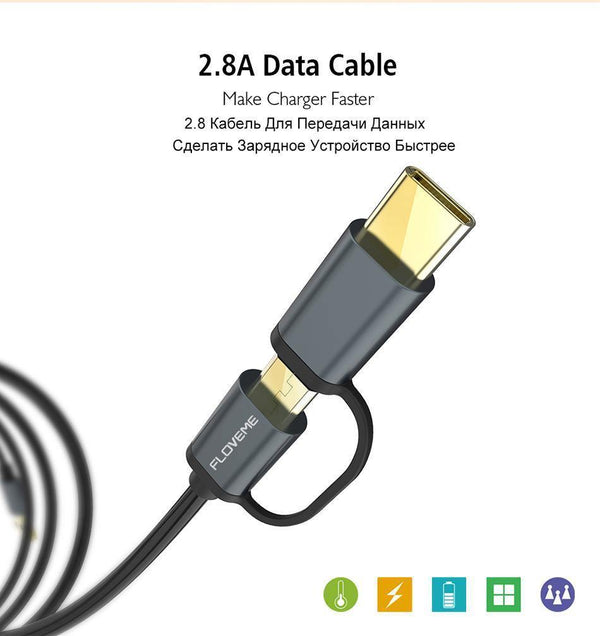 Planet Gates FLOVEME 2 in 1 Micro USB Cable Type C QC 3.0 USB-C Cable Fast Charger For Samsung Galaxy S8 Xiaomi 4X Android Mobile Phone Cabo