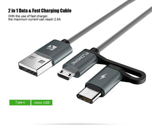 Planet Gates FLOVEME 2 in 1 Mirco USB + Type-C USB Cable Braided Fast Charger QC 3.0 USB-C Mobile Phone Cable for Galaxy S8 Xiaomi Smartphone