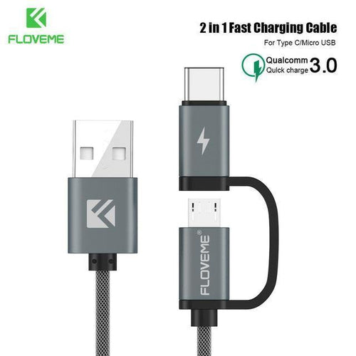 Planet Gates FLOVEME 2 in 1 Mirco USB + Type-C USB Cable Braided Fast Charger QC 3.0 USB-C Mobile Phone Cable for Galaxy S8 Xiaomi Smartphone