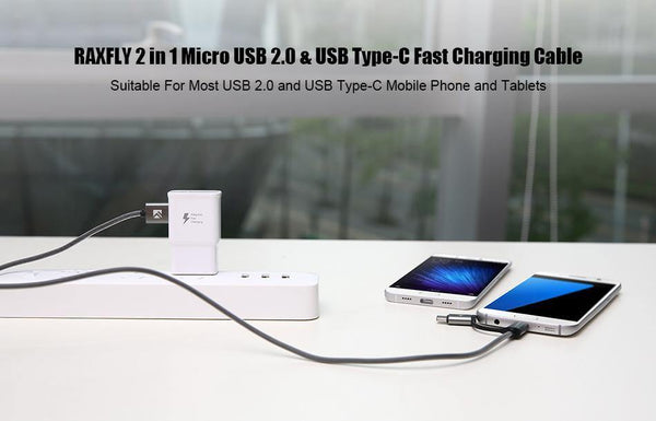 Planet Gates FLOVEME 2 in 1 Mirco USB + Type-C USB Cable Braided Fast Charger QC 3.0 USB-C Mobile Phone Cable for Galaxy S8 Xiaomi Smartphone