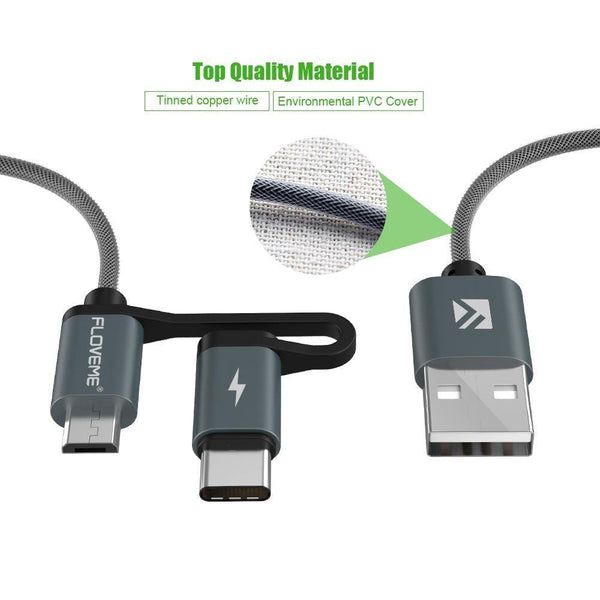 Planet Gates FLOVEME 2 in 1 Mirco USB + Type-C USB Cable Braided Fast Charger QC 3.0 USB-C Mobile Phone Cable for Galaxy S8 Xiaomi Smartphone