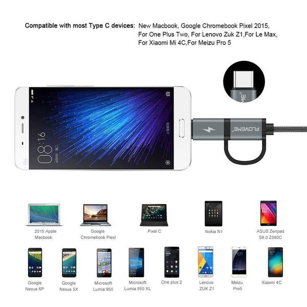 Planet Gates FLOVEME 2 in 1 Mirco USB + Type-C USB Cable Braided Fast Charger QC 3.0 USB-C Mobile Phone Cable for Galaxy S8 Xiaomi Smartphone