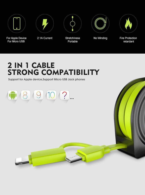 Planet Gates FLOVEME 2 in 1 USB Cable + Micro USB Cables Retractable Mobile Phone Charger for iPhone X 8 7 6 iPad Air 1M for Xiaomi Cabos