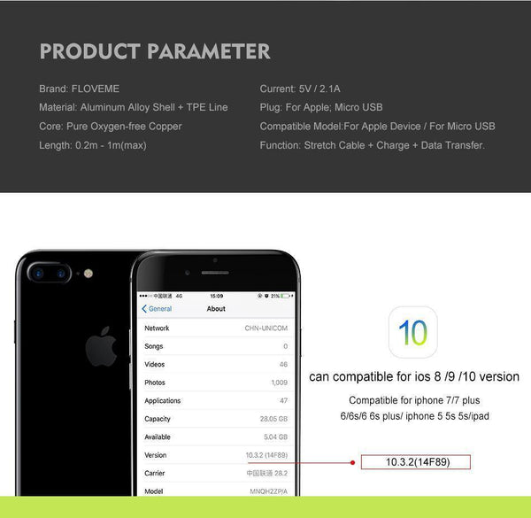 Planet Gates FLOVEME 2 in 1 USB Cable + Micro USB Cables Retractable Mobile Phone Charger for iPhone X 8 7 6 iPad Air 1M for Xiaomi Cabos