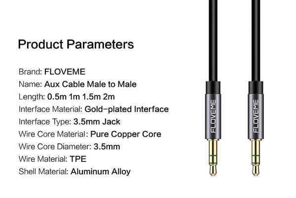 Planet Gates FLOVEME 3.5mm Jack Audio Cable Gold Plated Male to Male Audio Aux Cable For Car Mobile Phone Speaker 1m Headphone Extension Cabo