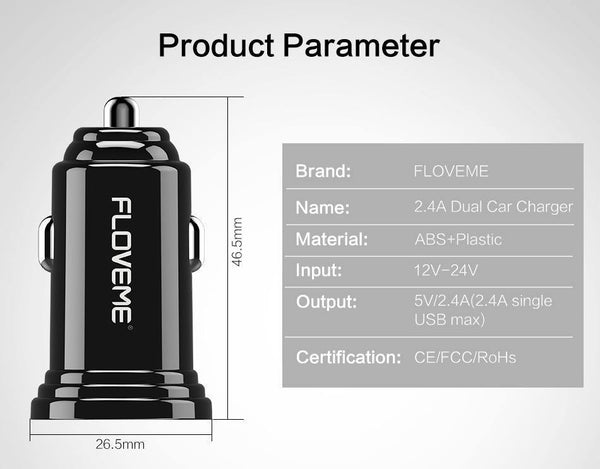 Planet Gates FLOVEME Dual USB Car Charger For Xiaomi mi 8 Lenovo z5 Universal 2.4A 5V Car-Charger For iPhone 7 7 Plus Phone Charger Adapter