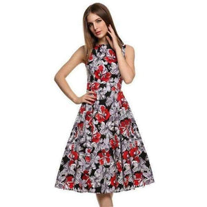 Planet Gates Blomsterrød Sort / L ACEVOG Damekjole Retro Vintage 1950'er 60'er Rockabilly Blomster Swing Sommerkjoler Elegant Sløjfeknude Tunika Vestidos Morgenkåbe Oversize