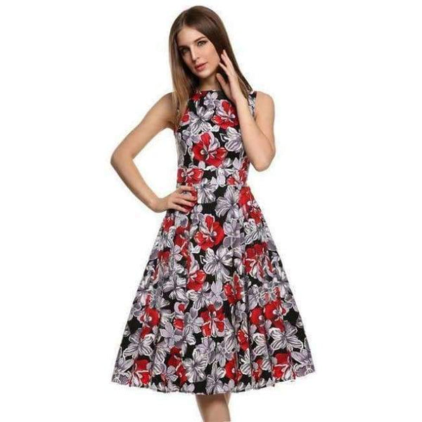Planet Gates Blomsterrød Sort / L ACEVOG Damekjole Retro Vintage 1950'er 60'er Rockabilly Blomster Swing Sommerkjoler Elegant Sløjfeknude Tunika Vestidos Morgenkåbe Oversize