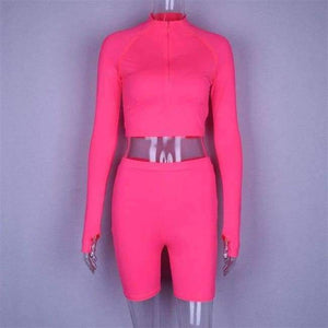 Planet Gates fluorescein pink / S Zipper high neck long sleeve crop top tshirt high waist short leggings women sexy 2 piece set 2018 autumn winter