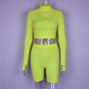 Planet Gates Fluorescent Green / S Zipper high neck long sleeve crop top tshirt high waist short leggings women sexy 2 piece set 2018 autumn winter