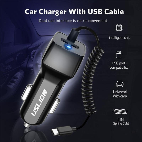 Planet Gates For Android USLION USB Car Charger For Samsung S9 Note 9 2.1A Phone Car-Charger With Micro Type C Cable For Xiaomi Huawei Adapter Cable
