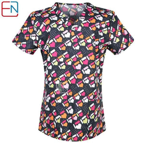 Planet Gates four hearts / XXS Women Scrub Top With V-Neck 100% Cotton Print Surgical Medical Uniforms Hospital Nurse Scrub Tops For Women