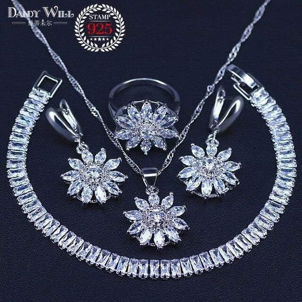 Planet Gates Four Piece 1 / 8 925 Sterling Silver Jewelry Sets Cubic Zirconia Drop Earrings Necklace Bracelet Ring Set For Women