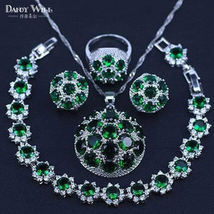 Planet Gates Four Piece / 10 925 Silver Costume Jewelry Set Lovely Round CZ Stone and Green Crystal Necklace Earring Ring Set For Women Present