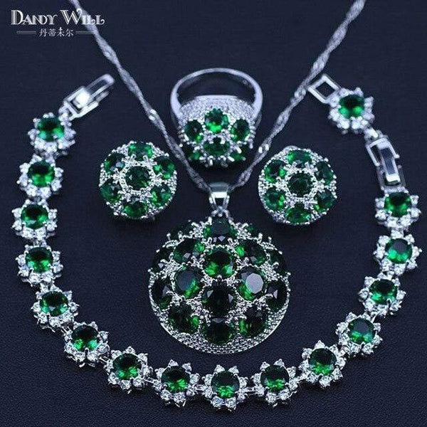 Planet Gates Four Piece / 10 925 Silver Costume Jewelry Set Lovely Round CZ Stone and Green Crystal Necklace Earring Ring Set For Women Present