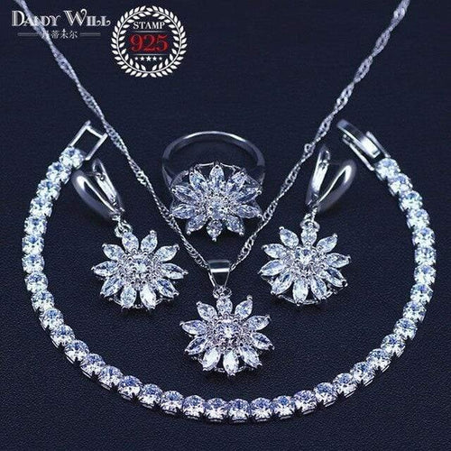 Planet Gates Four Piece / 6 925 Sterling Silver Jewelry Sets Cubic Zirconia Drop Earrings Necklace Bracelet Ring Set For Women