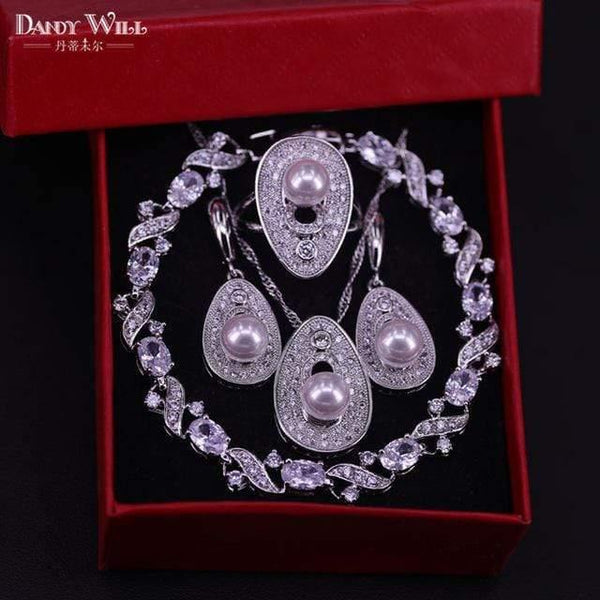 Planet Gates Four Piece / 7 925 Sterling Silver Bridal Pearls Jewelry Sets Women Wedding Jewelry With Pearl Zircon Drop Earrings Ring Pendant Necklace Set