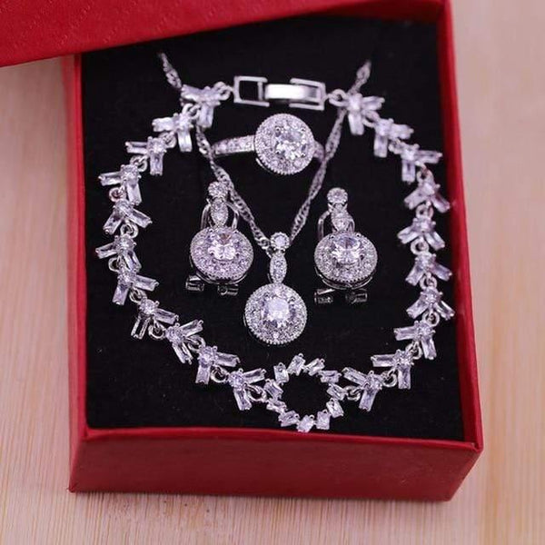 Planet Gates four piece / 8 Cubic Zirconia 925 Sterling Silver Wedding Jewelry Sets Earrings Pendant Necklace Rings Size 6-10