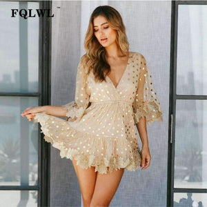 Planet Gates FQLWL Dot Sequined Summer Dress 2018 Deep V Neck Flare Sleeve Patchwork Bandage Mini Embroidery Dress Mesh See Through Dresses
