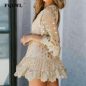 Planet Gates FQLWL Dot Sequined Summer Dress 2018 Deep V Neck Flare Sleeve Patchwork Bandage Mini Embroidery Dress Mesh See Through Dresses