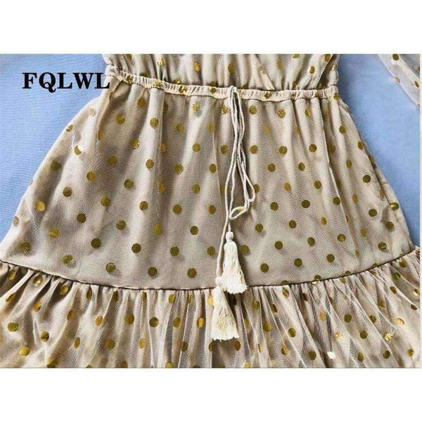Planet Gates FQLWL Dot Sequined Summer Dress 2018 Deep V Neck Flare Sleeve Patchwork Bandage Mini Embroidery Dress Mesh See Through Dresses