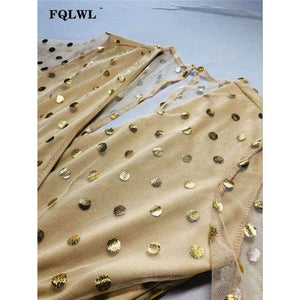 Planet Gates FQLWL Dot Sequined Summer Dress 2018 Deep V Neck Flare Sleeve Patchwork Bandage Mini Embroidery Dress Mesh See Through Dresses